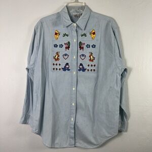 VTG‎ 90s Disney Winnie The Pooh Denim Button-up. Size Large, 100% Cotton ❤️